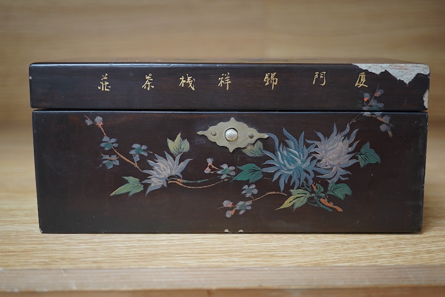 A Chinese pewter lidded box and another lacquered box with spices, largest 22cm wide. Condition - fair